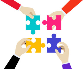 concept of creative teamwork. Teamwork concept. Businessman's hands holding puzzle pieces