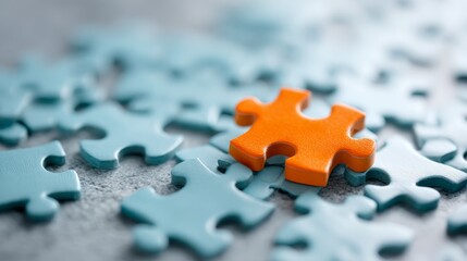 Fototapeta premium Bright orange puzzle piece standing out among many blue connected pieces on textured surface with copy space for creative composition