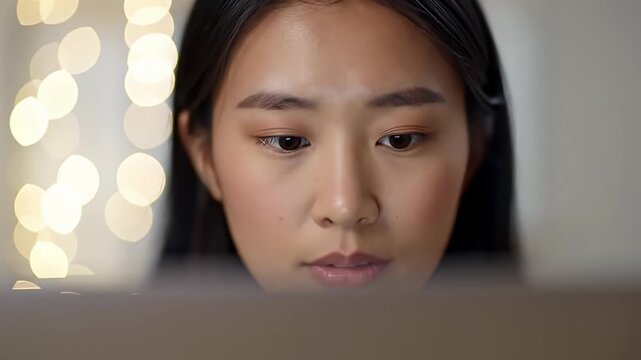 Concentrated face of a young woman in front of a computer screen and blurred lights