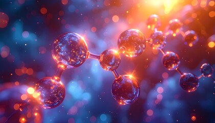 3D conceptual render of glowing transparent molecular structures connected by light bonds, representing chemistry and nanoscience concept