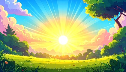 Animated scene depicting a vibrant sunrise over a green meadow, with trees and fluffy clouds