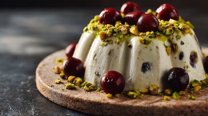 Whole cassata decorated with pistachio and cherry, rustic stone slab background, moody warm lighting, copy space