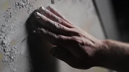 Climber's weathered hand grips gritty climbing wall, illuminated by dim light - Powered by Adobe