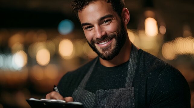 Smiling male waiter in apron taking order on notepad in warm blurred restaurant setting professional and friendly service