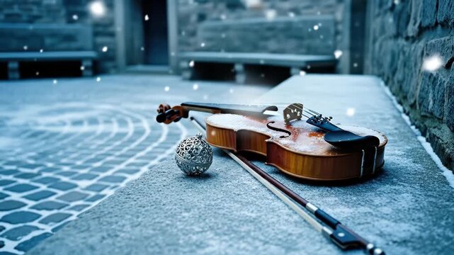 Violin and bow on snowy stone, with Christmas bauble, winter musical decoration for holiday season video
