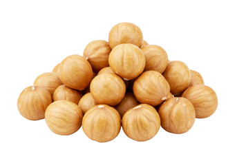 Isolated pile of fresh raw macadamia nuts, healthy food ingredient, light brown color