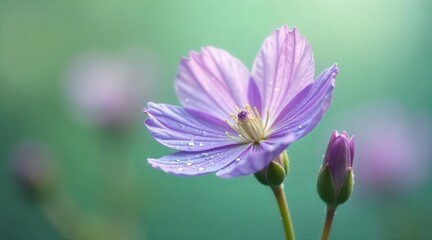 Fototapeta premium Delicate purple bloom showcasing beautiful petals with morning dew drops, beside a developing bud, against a soft, out of focus green background, captures serene natural elegance.