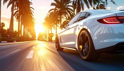 White Sports Car Driving on Coastal Road Lined with Palm Trees During Golden Hour Sunset With Ocean View