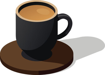 Dark matte ceramic mug filled with creamy frothy coffee on saucer eps vector