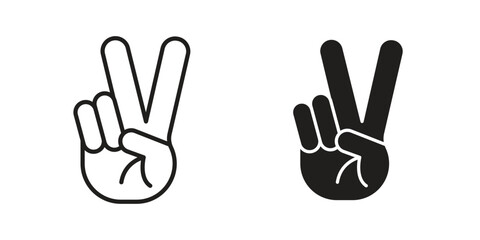 Hand peace icon set in flat and line style vectors