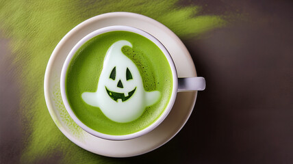 Top view of green tea Matcha latte in a white cup with Halloween-themed latte art on gray background. The Matcha latte features spooky halloween ghost pattern on the milk foam. Generated image