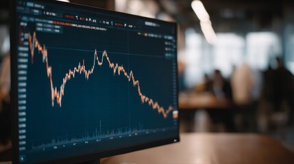 Closeup of a declining stock market graph on digital screen with data points and copy space in a professional trading environment