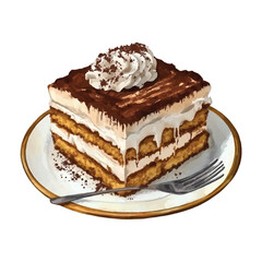 Square Slice of Tiramisu Cake with Whipped Cream and Cocoa watercolor illutrastion transparent background