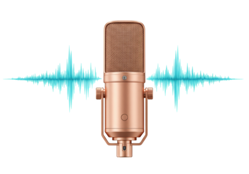 Isolated microphone with sound wave form on transparent, modern mic for voiceover artist
