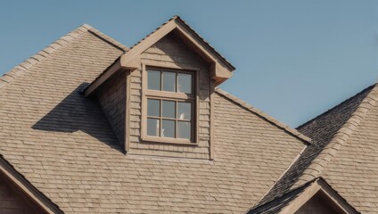 Obraz premium Dormer Window on a Shingled Roof with Clear Blue Sky.