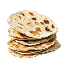 Stack of freshly baked flatbreads with browned spots pile watercolor illutrastion transparent background