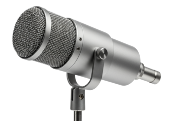Isolated microphone on stand in modern silver design for podcasts and professional recording