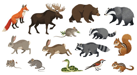A delightful collection of woodland animals in a pixel art style featuring various mammals and a bird.