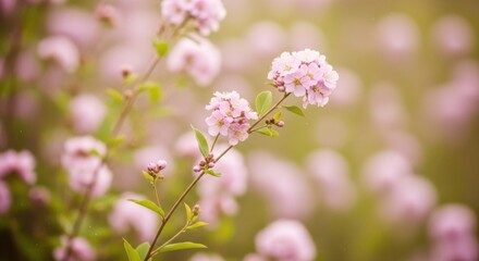 Fototapeta premium Delicate Pink Flowers Blooming in a Softly Lit Garden.