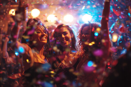 Happy young women celebrating in nightclub with confetti