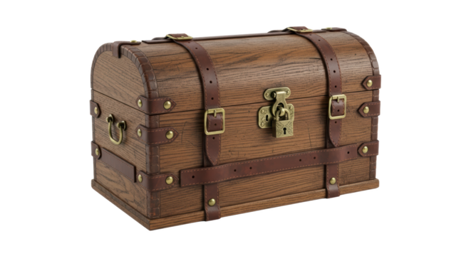 Antique Wooden Treasure Chest With Leather Straps Isolated On transparent Background
