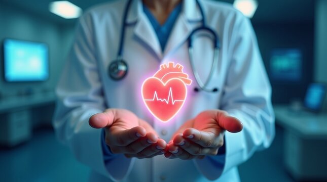 a medical professional (likely a cardiologist or doctor), wearing a white lab coat and a stethoscope, holding their hands cupped outwards. Suspended between their palms is a glowing, stylized, - Powered by Adobe
