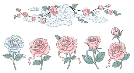 A collection of delicate pink and blue roses with light green leaves and flowing ribbons.