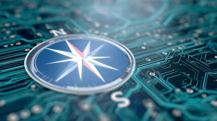 Futuristic digital compass icon glowing on circuit board with neon blue technology background, navigation, and innovation concept
