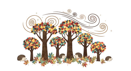 Autumn winds blow colorful leaves and hedgehogs dance.