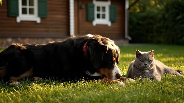 Dog and cat in relaxation pose on grass in backyard near cottage. Pet companionship shown in calm domestic outdoor setting. Warm sunlight highlights animal fur. Suitable for lifestyle and home use.