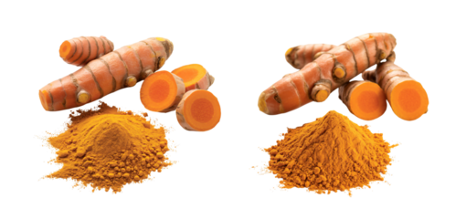 Fresh turmeric roots and powder arranged against a stark studio on transparent background