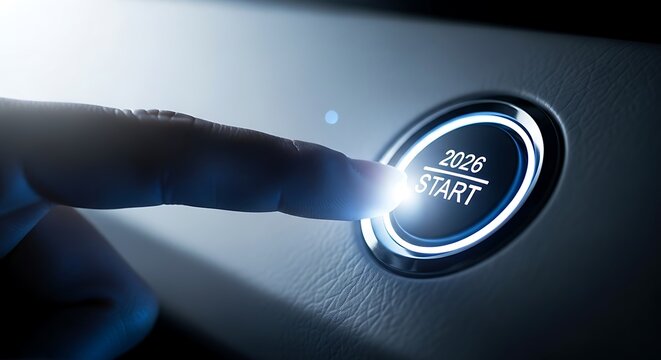 hand pushing button on a touch screen interface happy new year 2026