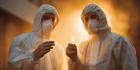 Two scientists in protective gear analyzing test tubes in dramatic lighting