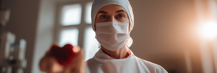 Female caucasian adult surgeon in protective gear performing a medical procedure in a hospital setting