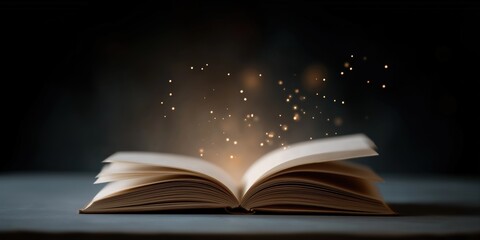 Enchanted open book with glowing sparkles on dark background