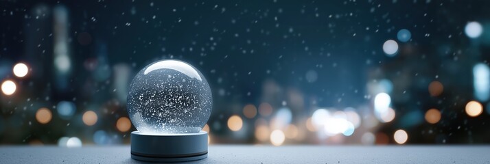 Snow globe on wintery night with city lights in background
