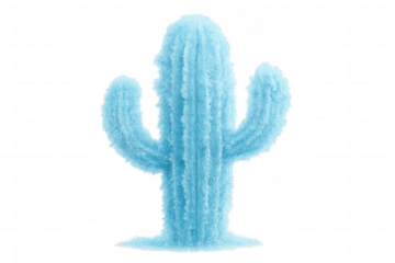 Blue fuzzy saguaro cactus with soft plush texture and surreal whimsical design creating an imaginary plant