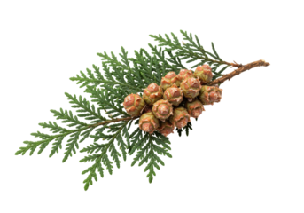 Isolated Cedar branch with mature cones ready to disperse seeds in bright studio light