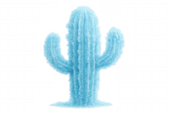 Blue fuzzy saguaro cactus with soft plush texture and surreal whimsical design creating an imaginary plant