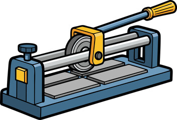 Blue and Yellow Tile Cutter with Gray Tiles Ready for Precise Cuts