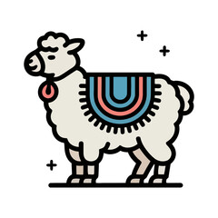 Stylized llama illustration with a colorful saddle on a black background creating a playful and modern design perfect for branding and children's products with a touch of south american culture