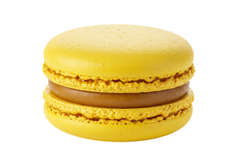 Isolated yellow macaron cookie with caramel filling, delicious treat, fresh French confection