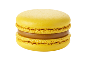 Isolated yellow macaron cookie with caramel filling, delicious treat, fresh French confection
