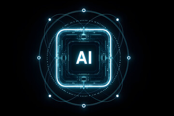 Electric blue geometric cage featuring bright white AI typography amid glowing orbital connection network