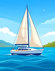 Animated view of a sailboat at sea, against a backdrop of a sunny sky, mountains, and clouds