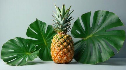 Fototapeta premium A vibrant, ripe pineapple stands majestically amidst lush, deeply green Monstera leaves, presenting a refreshing tropical display that evokes feelings of summer and natural wholesome deliciousness.