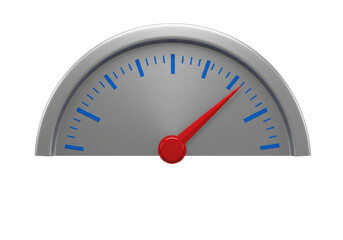 Silver speedometer with red needle isolated on white, gauge meter in PNG format for graphic design and performance measurement