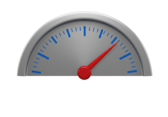 Silver speedometer with red needle isolated on white, gauge meter in PNG format for graphic design and performance measurement