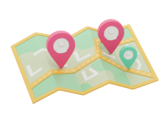 Colorful map with location pins isolated on transparent background, navigation and travel concept in PNG format