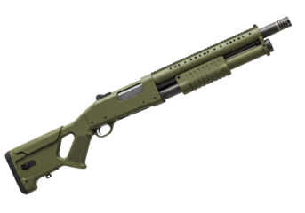 Olive green tactical shotgun isolated, pump-action firearm with pistol grip and adjustable stock for hunting and sport shooting